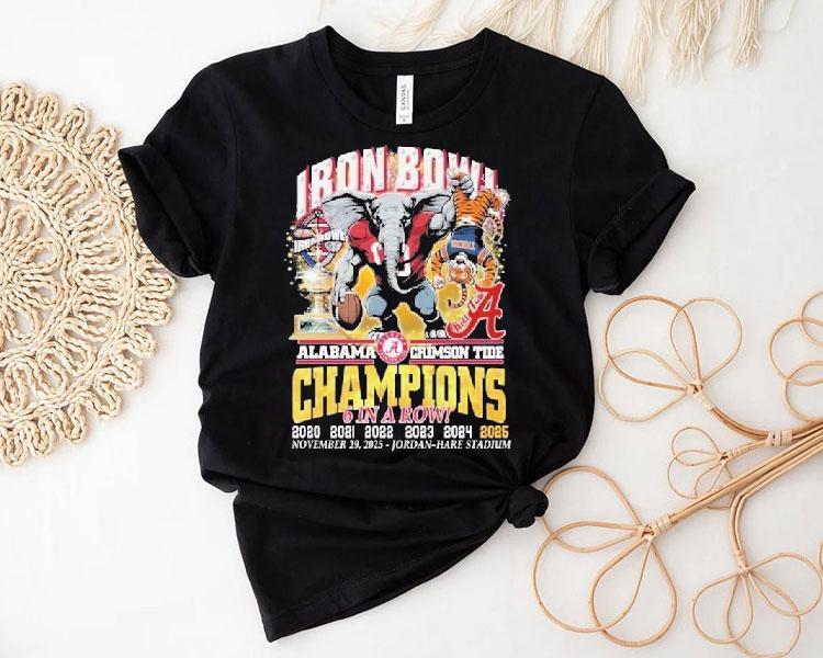 Alabama Crimson Win Auburn Tigers Tide 6 In A Row Iron Bowl Champions 2025 Mascot Shirt