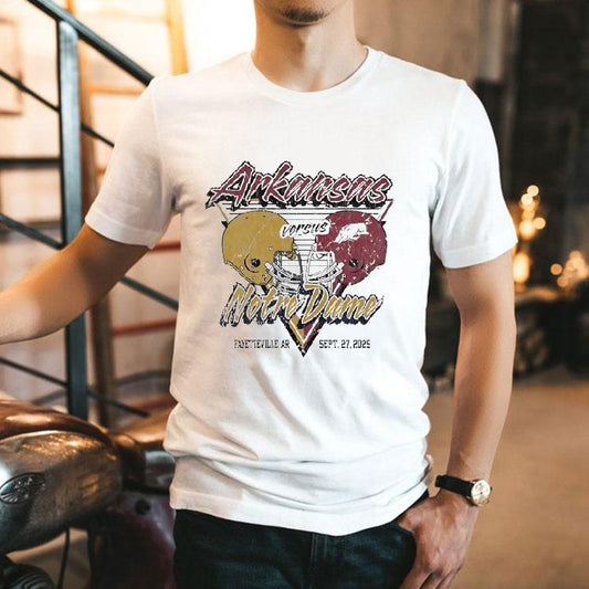 Arkansas Razorbacks Vs Notre Dame Fighting Irish Football Helmet 2025 Shirt