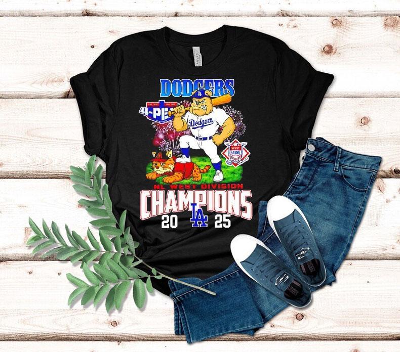 Los Angeles Dodgers 2025 Nl West Division Champions Mascots Bulldog And A Cat Shirt