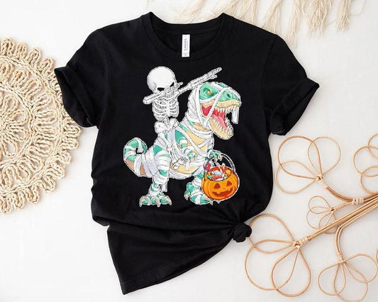 Skeleton Riding Dancing Dab Dinosaur Trex Halloween Shirt