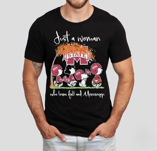 Snoopy The Peanuts Mississippi State Bulldogs Just A Woman Who Loves Fall And Mississippi Shirt