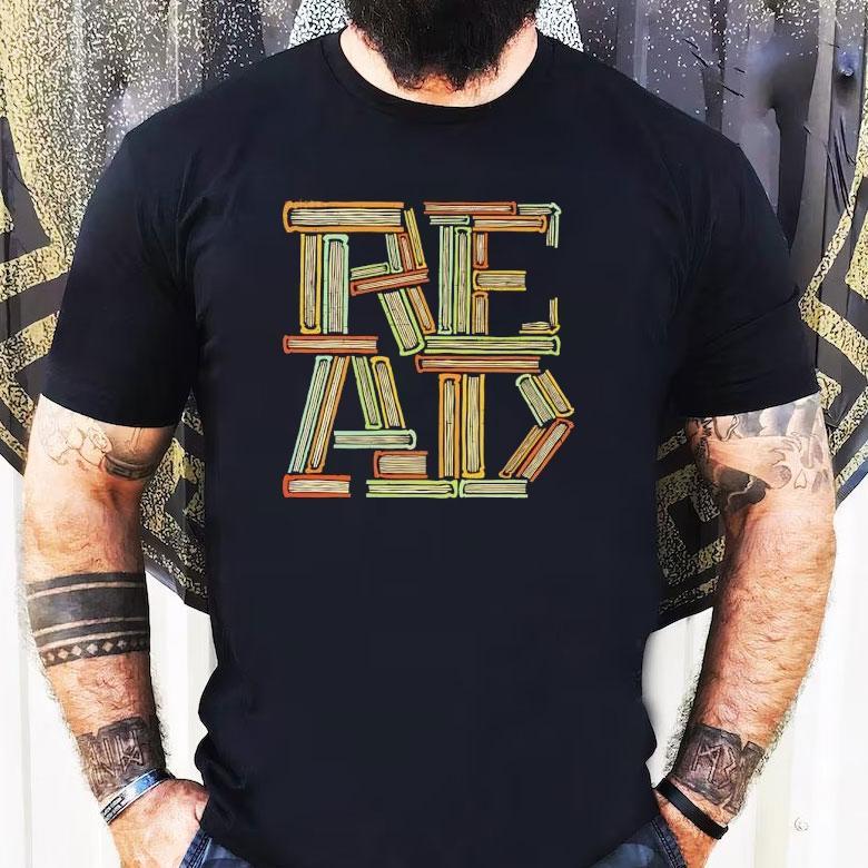 A Stack Of Books Creating The Word Read Shirt