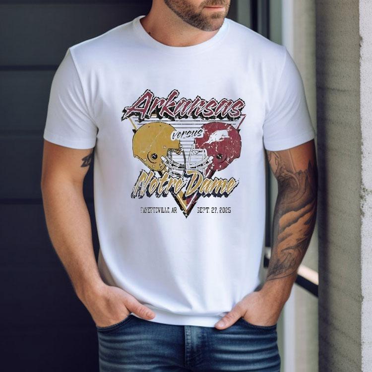 Arkansas Razorbacks Vs Notre Dame Fighting Irish Football Helmet 2025 Shirt